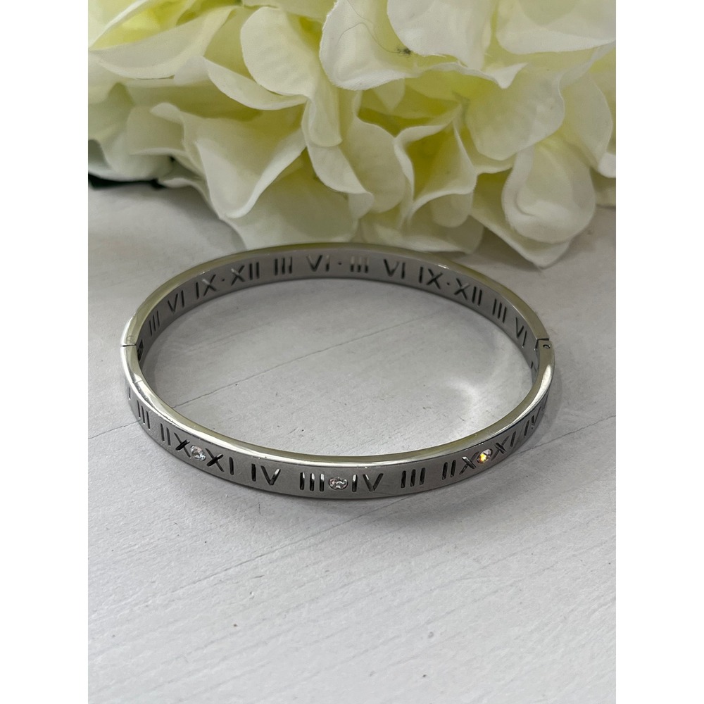 Silver Tone Roman Numeral Bangle Cuff‎ Bracelet with Rhinestones